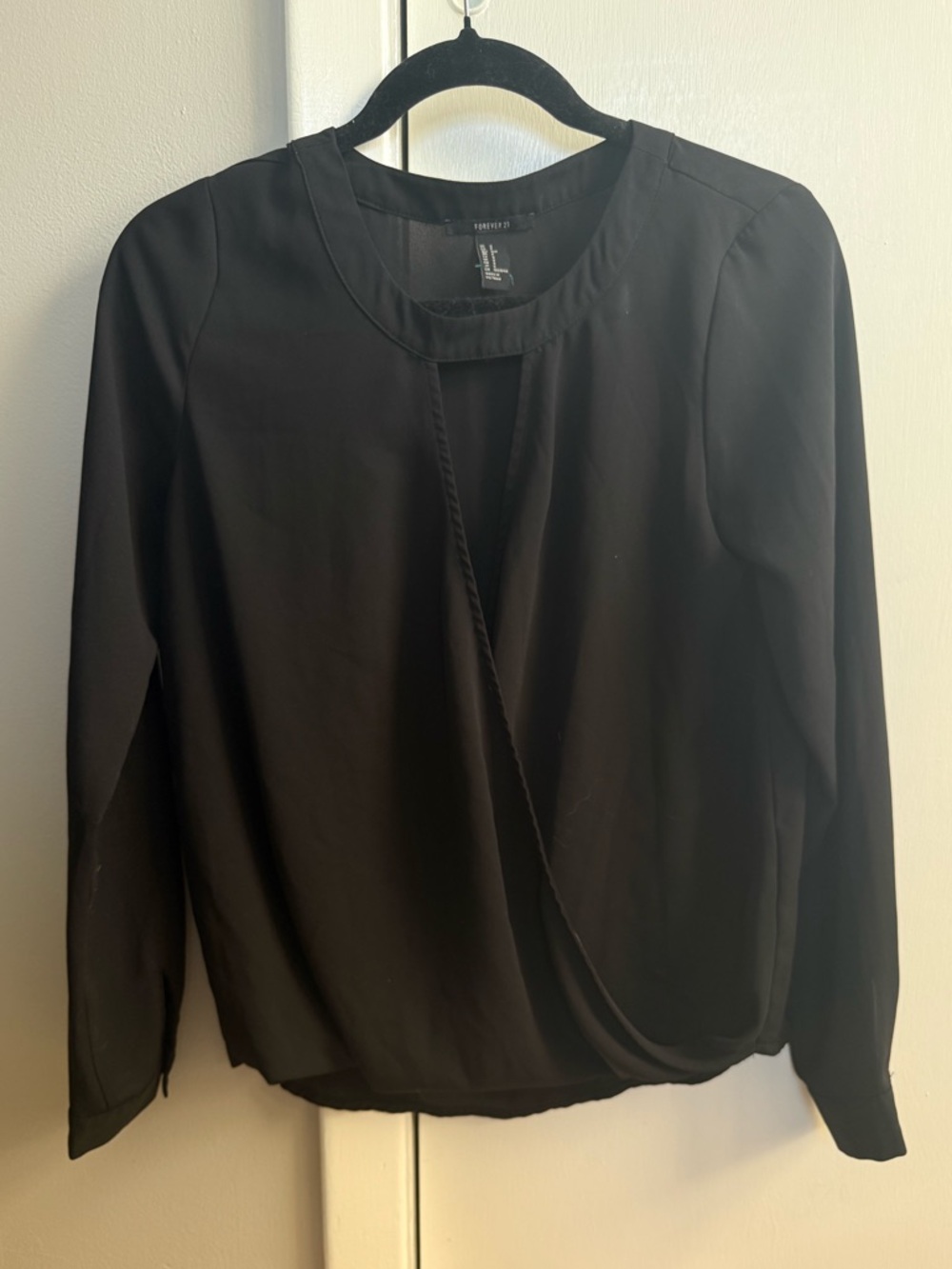 Long-Sleeve Black Draped Blouse